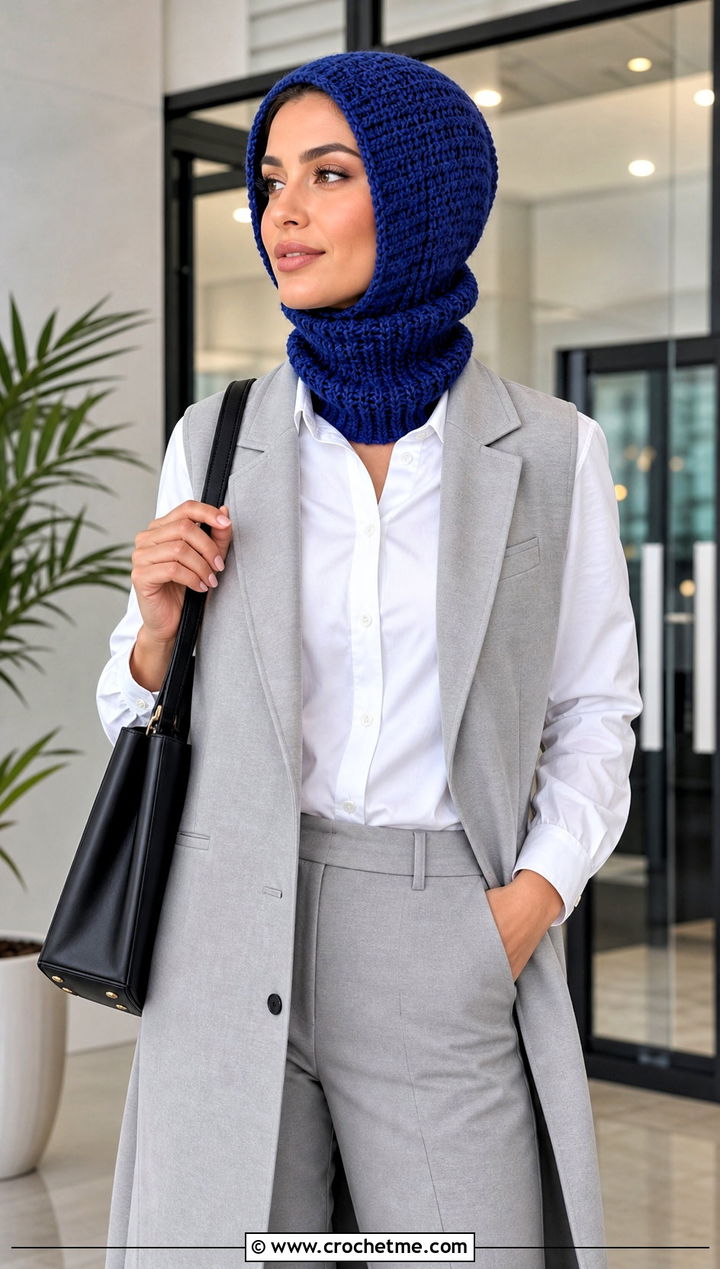 Turtleneck Crochet Cap Scarf With Longline Vest - 25 Crochet Cap Scarf outfit ideas