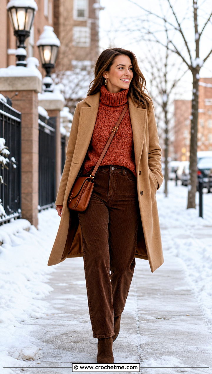 Turtleneck Crochet Cashmere Sweater With Corduroy Pants - 30 crochet cashmere sweater outfit ideas
