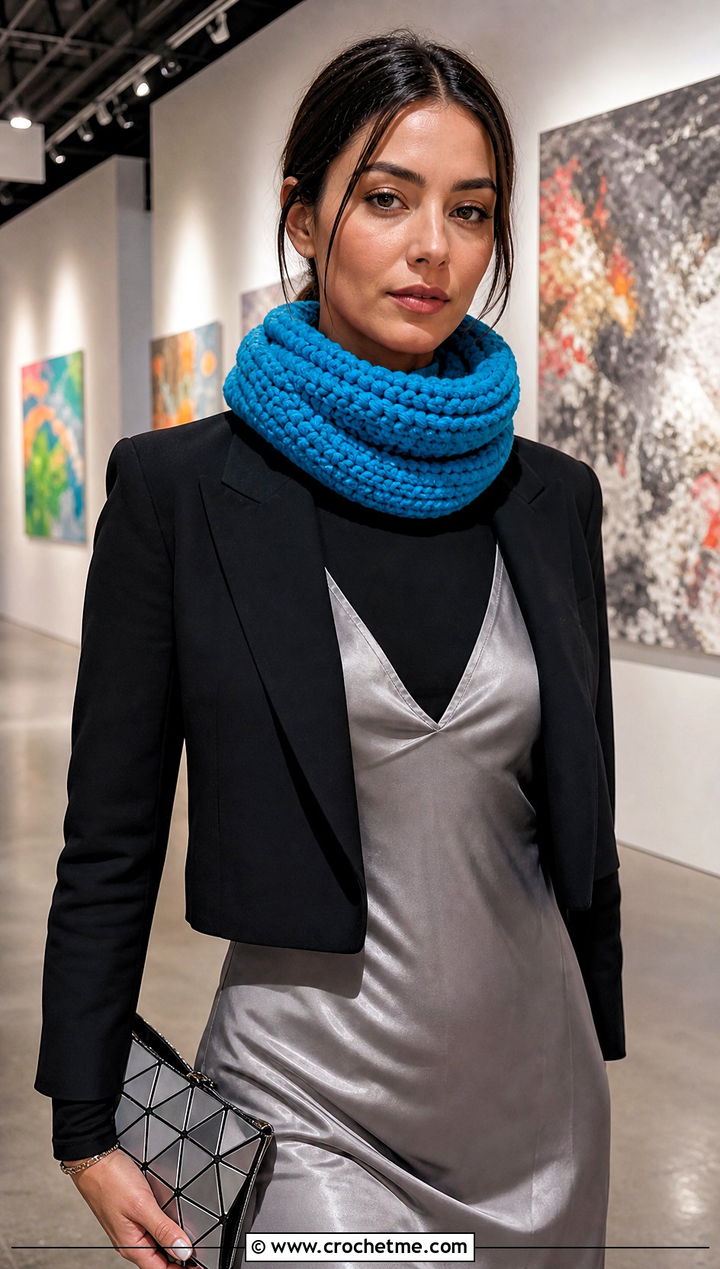Turtleneck Crochet Chunky Cowl With Slip Dress - 30 crochet chunky cowl outfit ideas