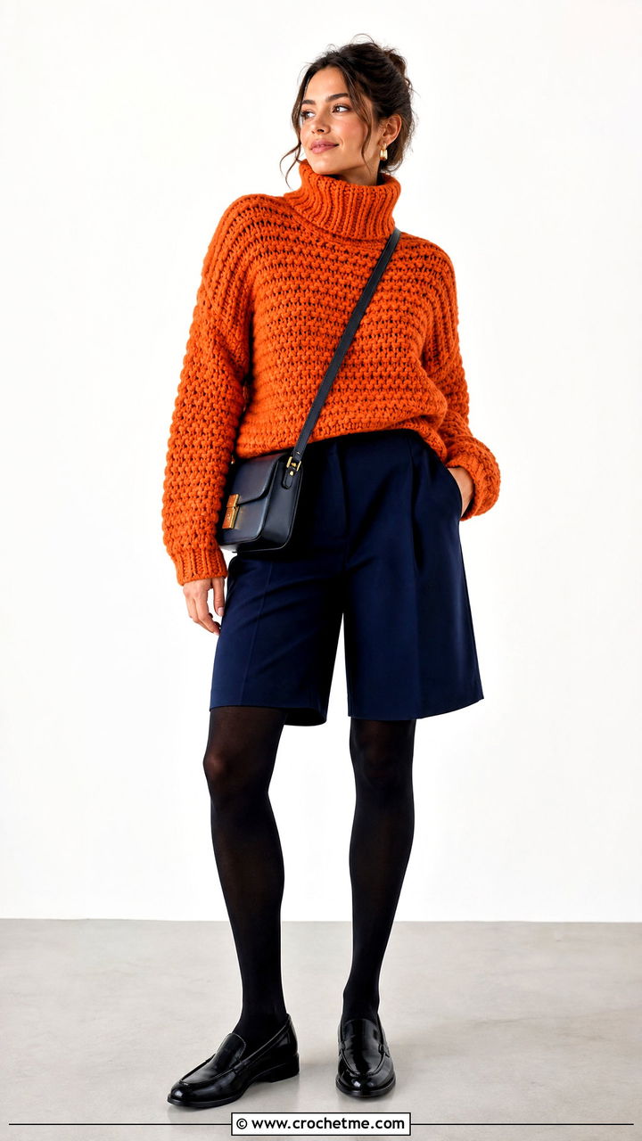 Turtleneck Crochet Chunky Sweater With Tailored Shorts - 35 crochet chunky sweater outfit ideas