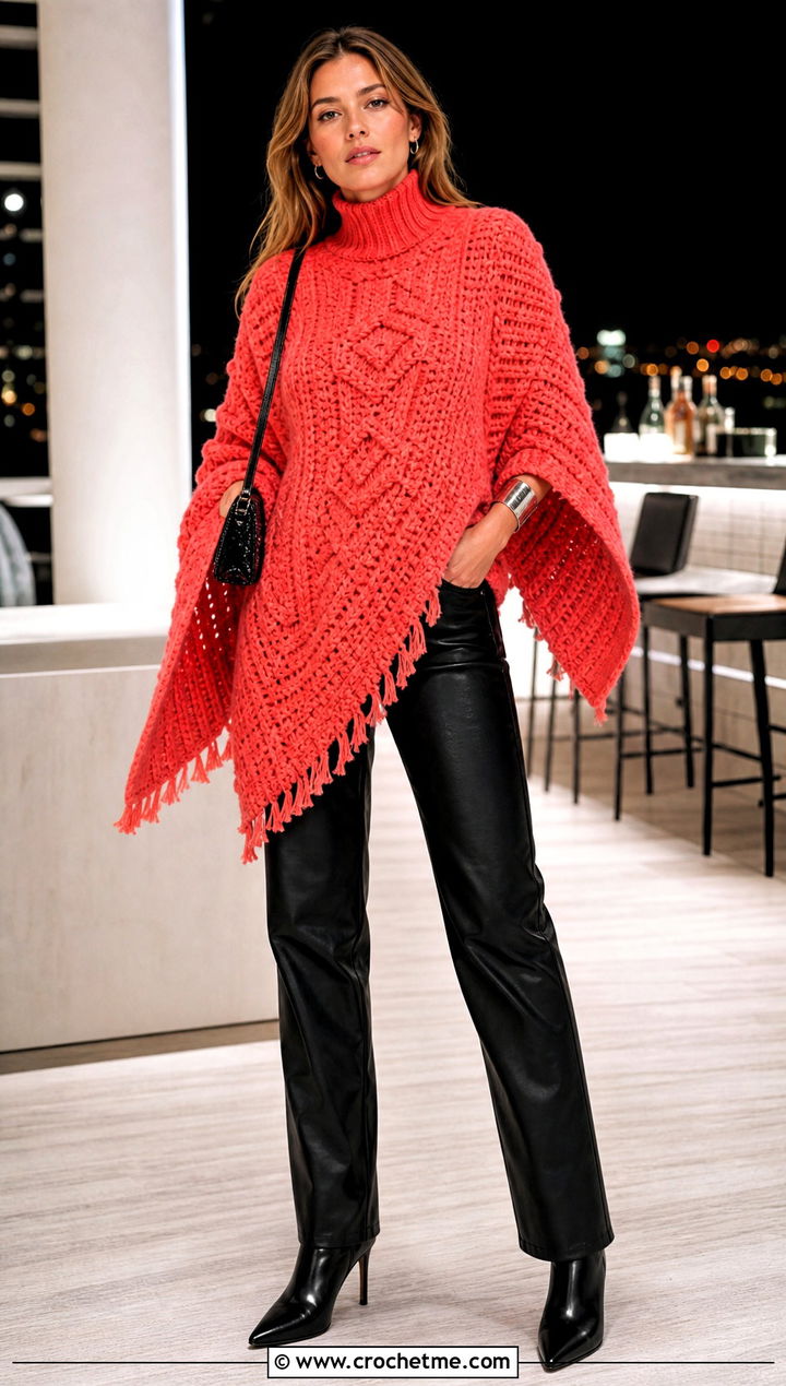 Turtleneck Crochet Clint Eastwood Poncho With Faux Leather Pants - 15 Crochet Clint Eastwood Poncho outfit ideas