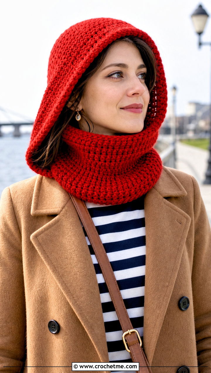 Turtleneck Crochet Cowl Hood With Peacoat - 25 crochet cowl hood outfit ideas