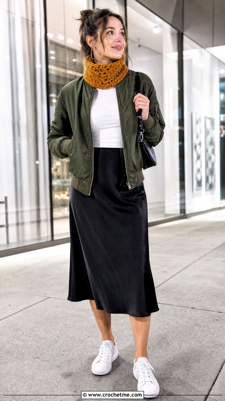 Turtleneck Crochet Cowl With Bomber Jacket - 35 crochet cowl outfit ideas