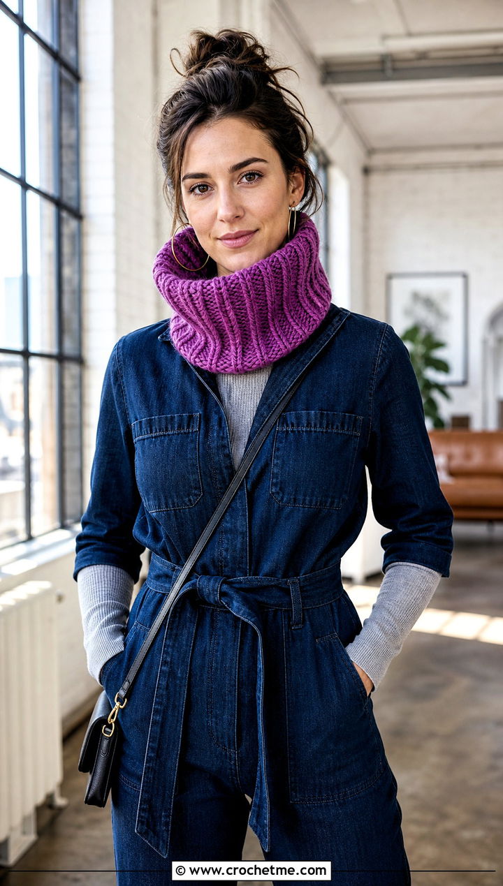 Turtleneck Crochet Cowl With Denim Jumpsuit - 25 cowl crochet scarf outfit ideas