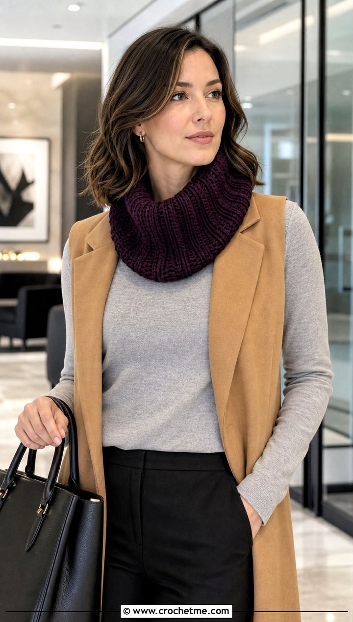 Turtleneck Crochet Cowl With Longline Vest - 15 1 Skein Crochet Cowl outfit ideas