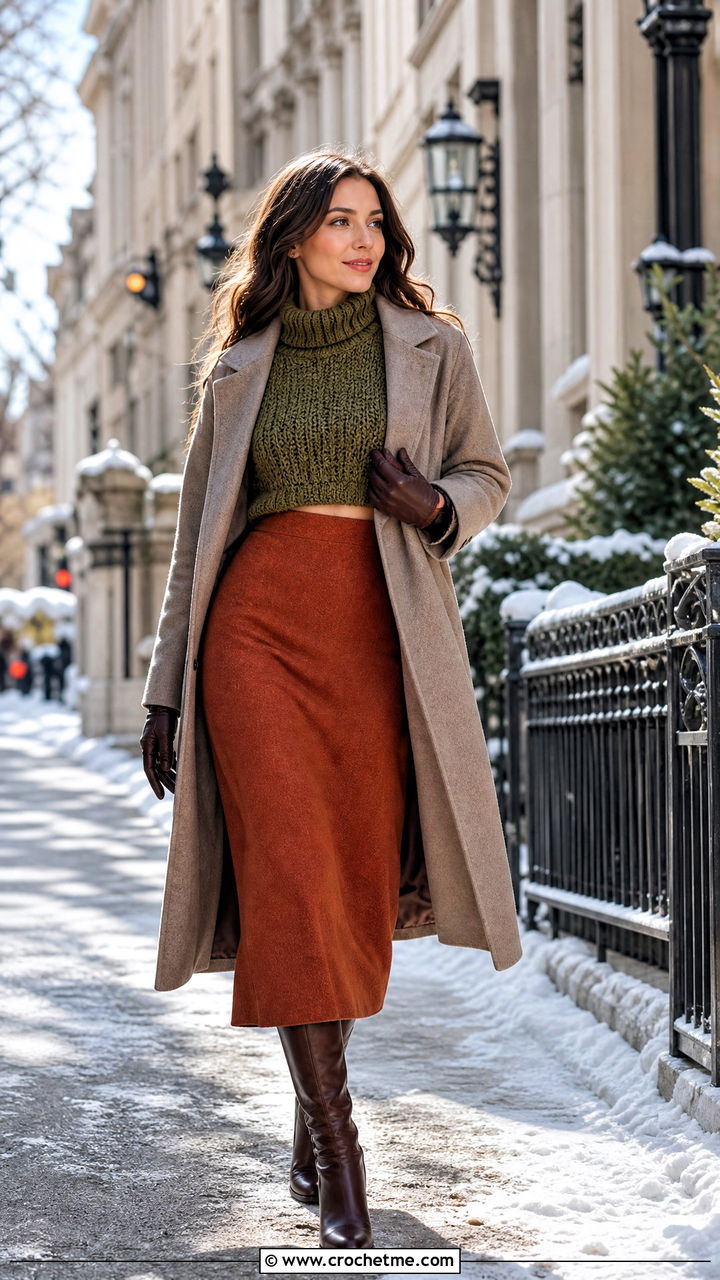 Turtleneck Crochet Crop Sweater With Wool Maxi Skirt - 35 crochet crop sweater outfit ideas
