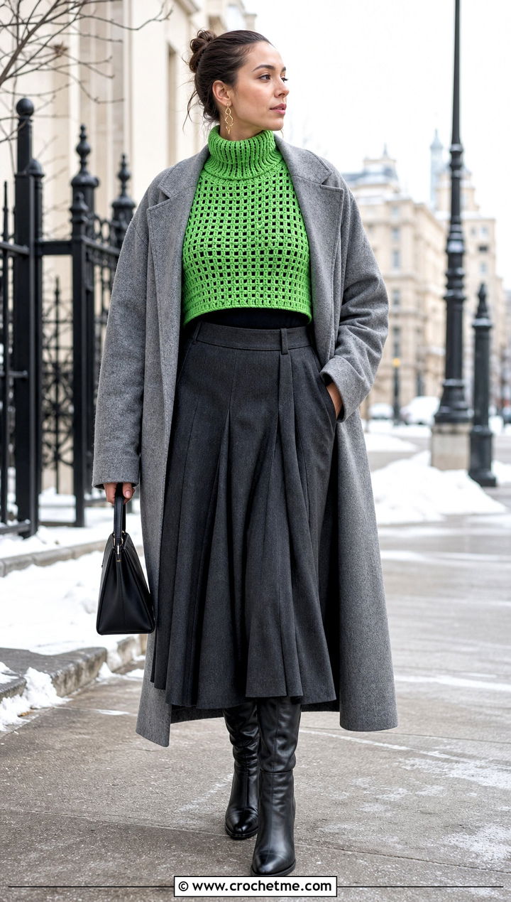 Turtleneck Crochet Cropped Jumper With Pleated Midi Skirt - 30 crochet cropped jumper outfit ideas