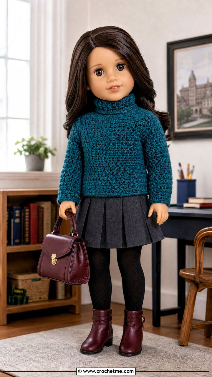 Turtleneck Crochet Doll Sweater With Pleated Skirt - 35 crochet doll sweater outfit ideas