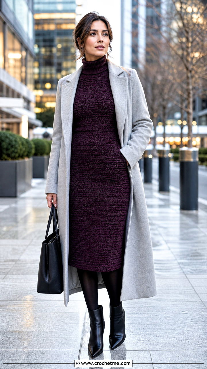Turtleneck Crochet Dress With Long Coat - 35 simple crochet dress women outfit ideas