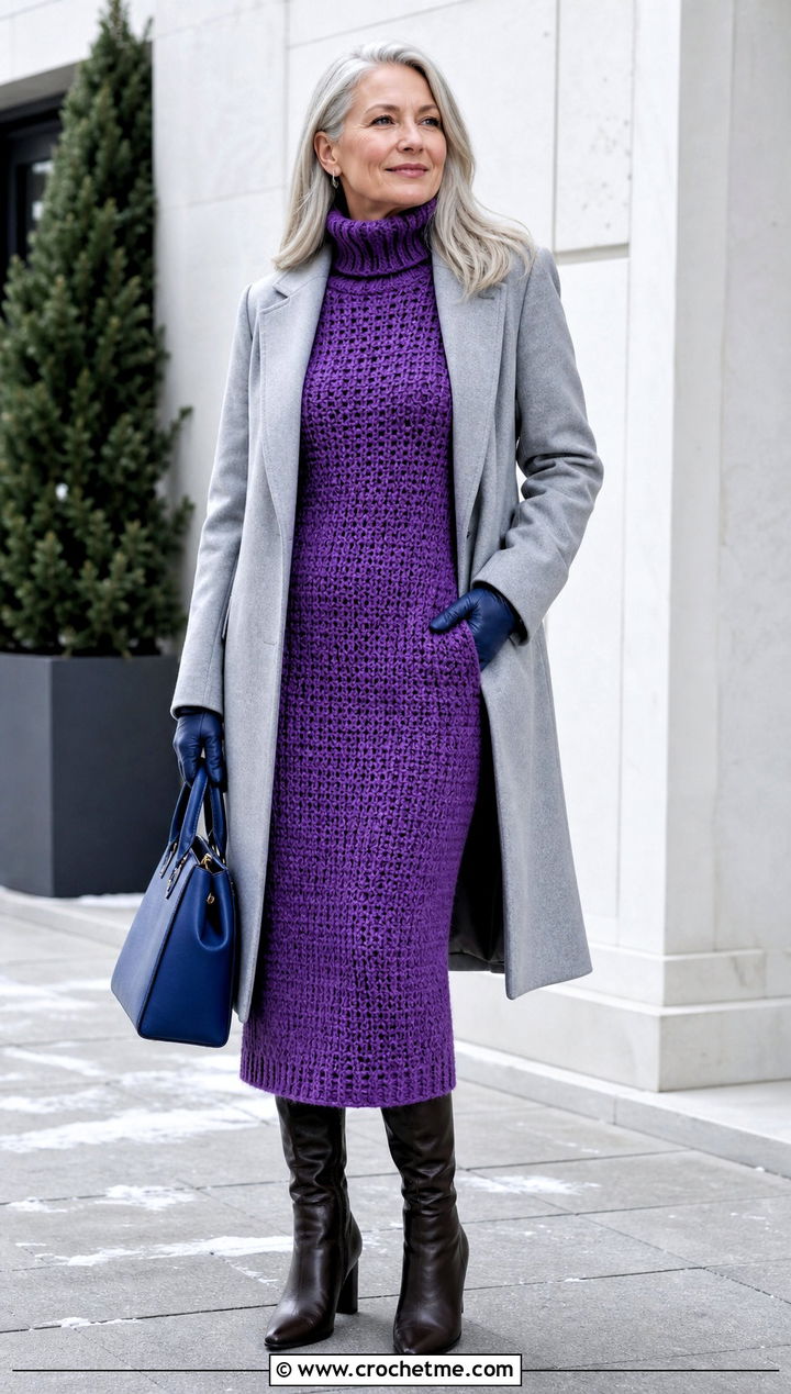 Turtleneck Crochet Dress With Tall Boots - 35 cute crochet dress ideas