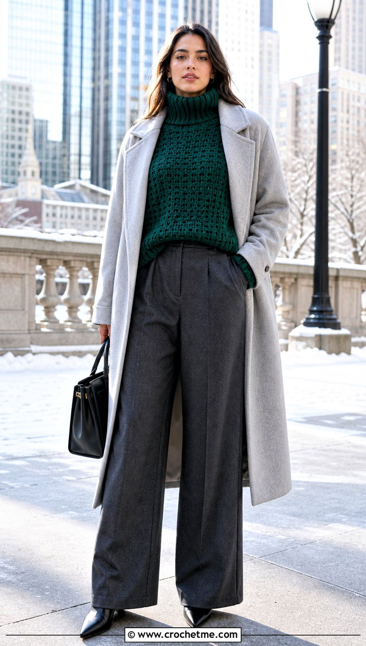 Turtleneck Crochet Drop Shoulder Sweater With Wide Leg Wool Trousers - 30 crochet drop shoulder sweater outfit ideas