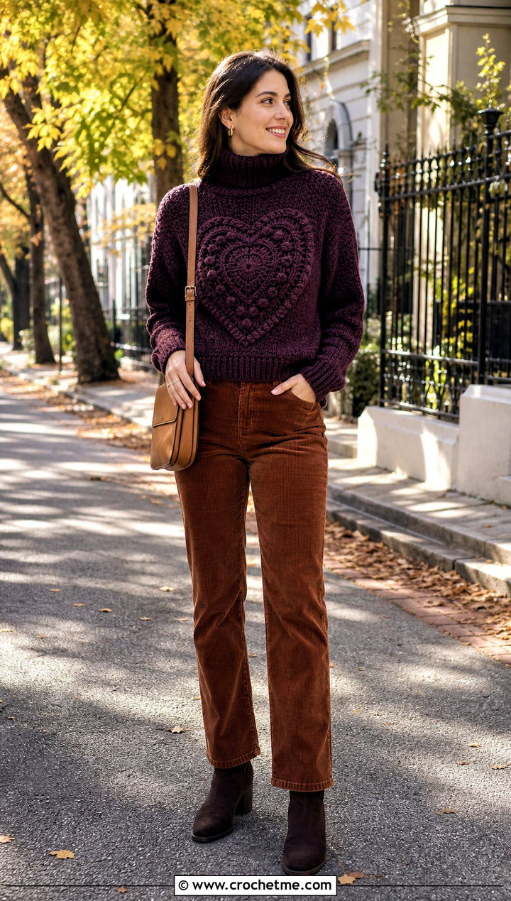 Turtleneck Crochet Heart Sweater With Corduroy Pants - 35 crochet heart sweater outfit ideas
