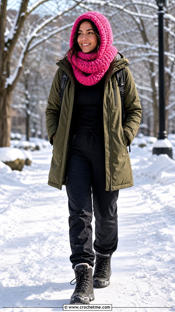 Turtleneck Crochet Hood Scarf With Parka - 35 crochet hood scarf outfit ideas