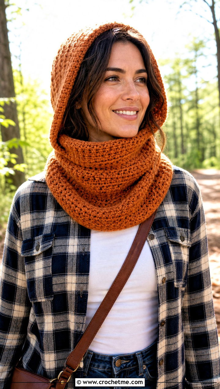 Turtleneck Crochet Hooded Cowl With Flannel Shirt - 30 easy crochet hooded cowl outfit ideas