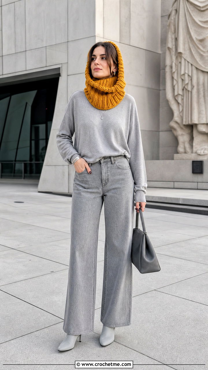Turtleneck Crochet Hooded Cowl With Monochrome Outfit - 35 crochet hooded cowl outfit ideas