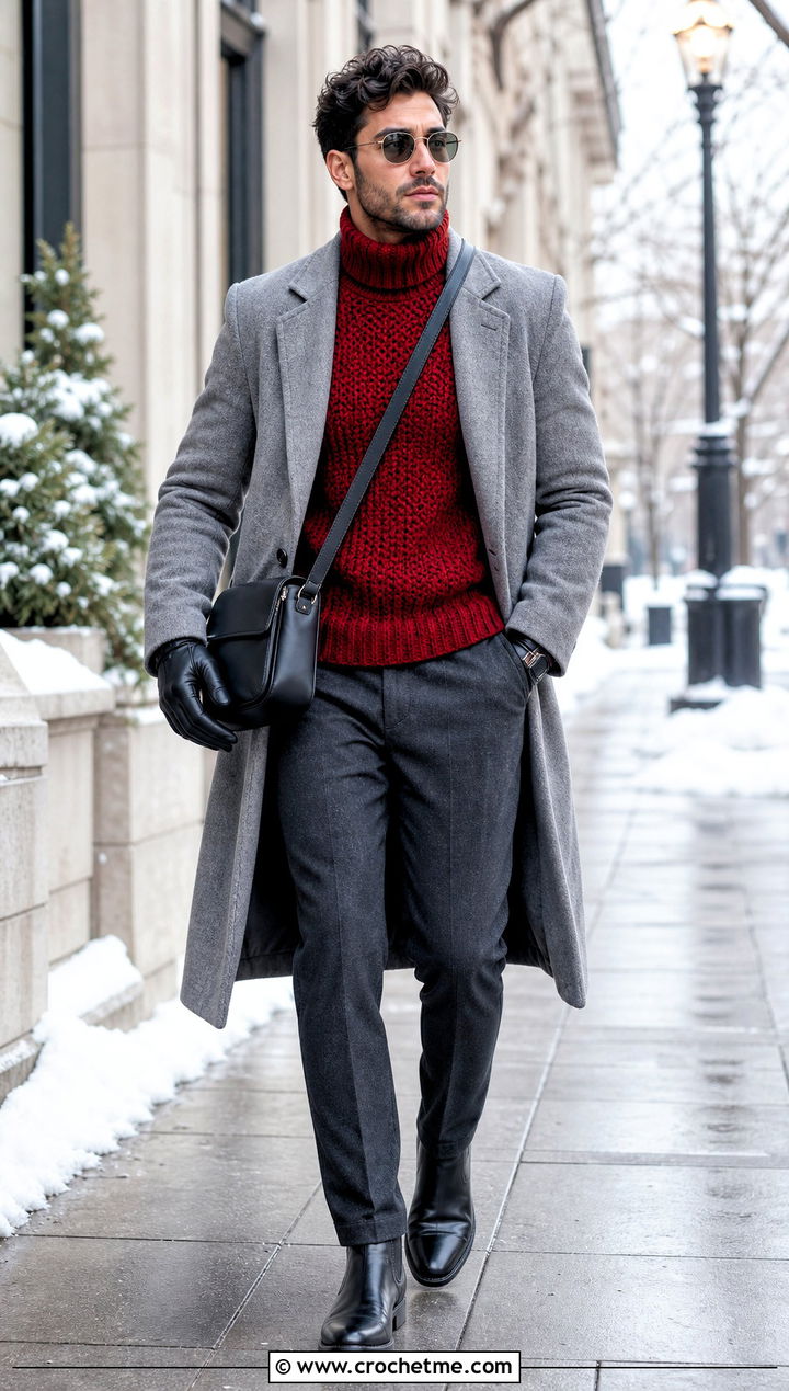 Turtleneck Crochet Jumper With A Long Coat - 25 mens crochet jumper outfit ideas
