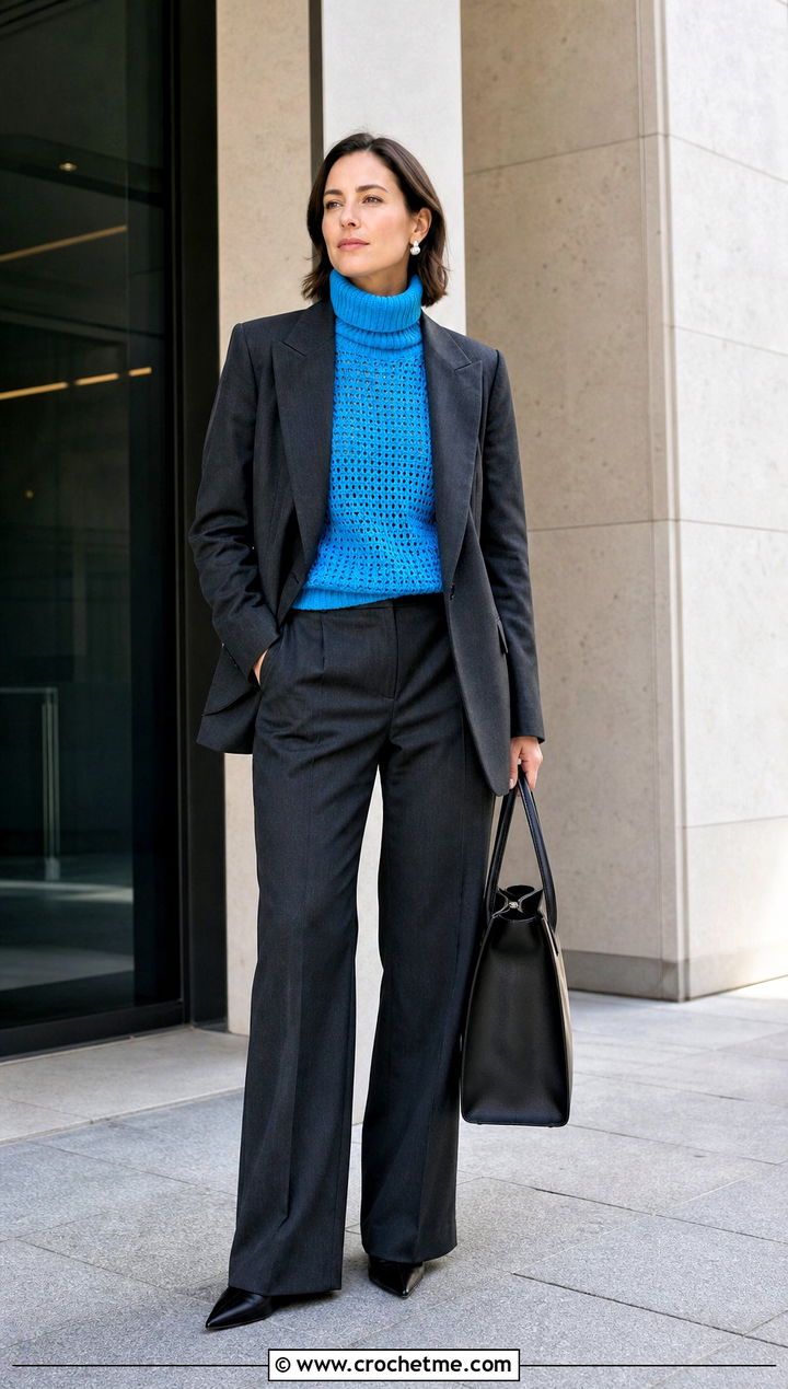 Turtleneck Crochet Jumper With Trouser Suit - 35 easy crochet jumper outfit ideas
