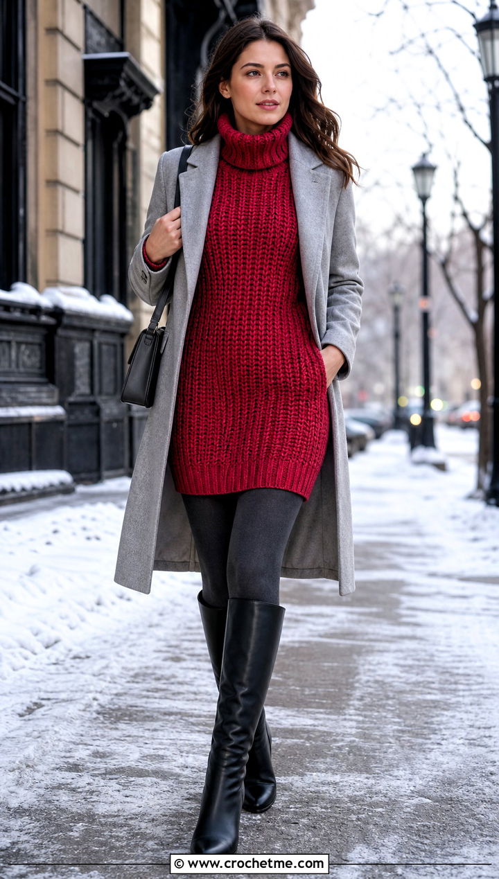 Turtleneck Crochet Knit Sweater Dress With Tall Boots - 35 Crochet Knit Dress outfit ideas