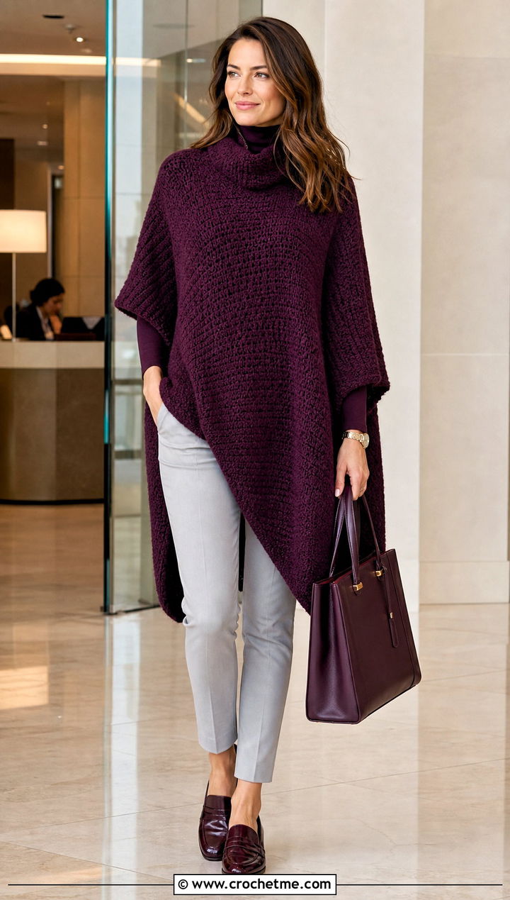 Turtleneck Crochet Long Poncho With Tailored Trousers - 15 Crochet Long Poncho outfit ideas