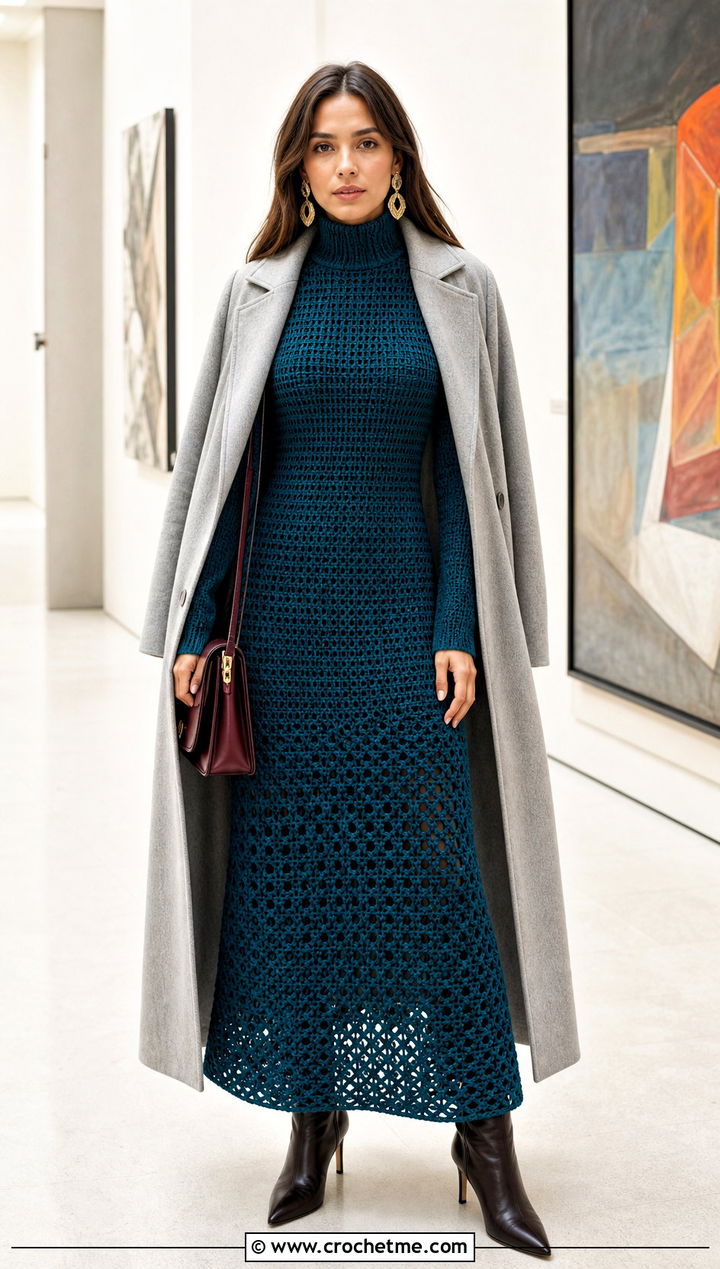 Turtleneck Crochet Maxi Dress With Ankle Boots - 35 long sleeve crochet dress outfit ideas
