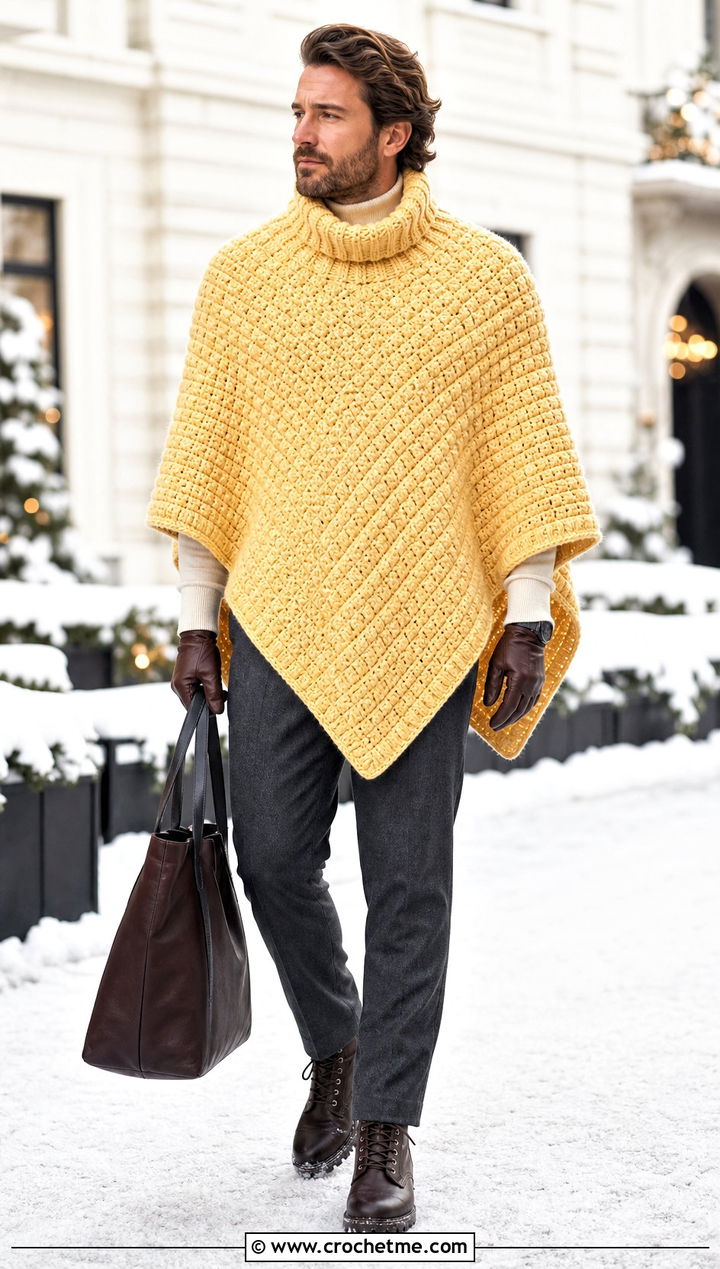 Turtleneck Crochet Mens Poncho With Wool Pants - 25 crochet men's poncho outfit ideas