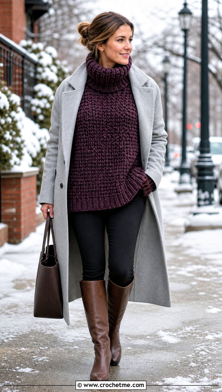 Turtleneck Crochet Oversize Sweater With Leggings And Riding Boots - 20 Crochet Oversize Sweater outfit ideas