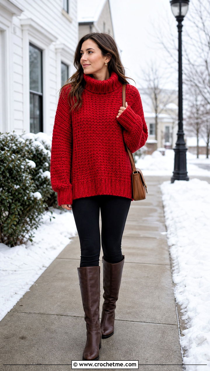 Turtleneck Crochet Oversized Sweater With Leggings And Boots - 20 Easy Crochet Oversized Sweater outfit ideas