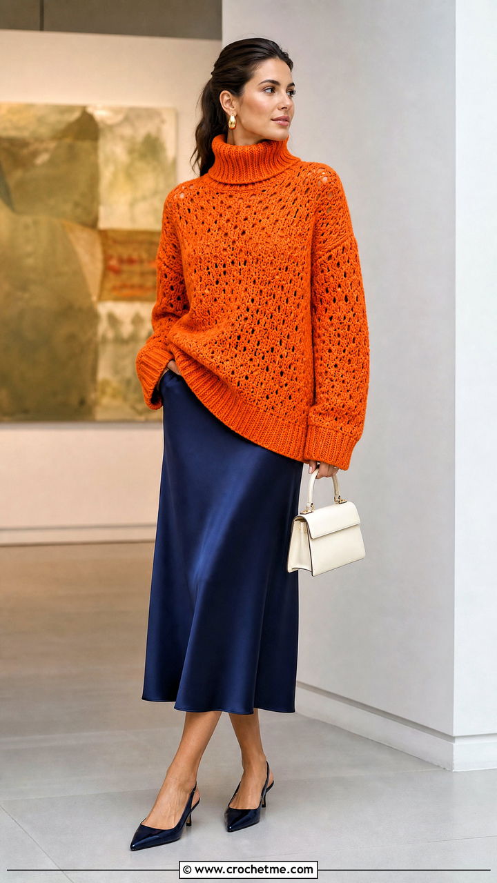 Turtleneck Crochet Oversized Sweater With Satin Midi Skirt - 35 crochet oversized sweater outfit ideas