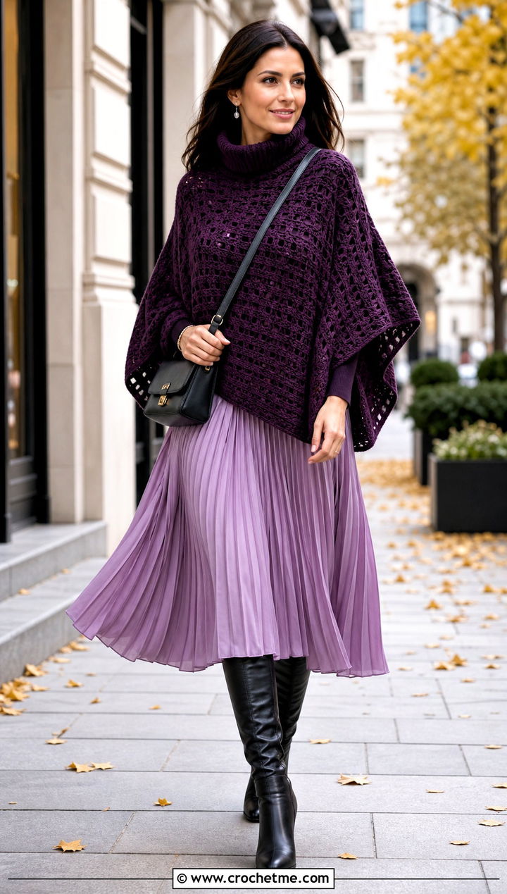 Turtleneck Crochet Poncho Top With a Pleated Skirt - 25 Crochet Poncho Top outfit ideas