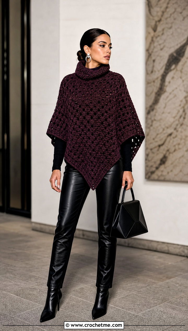 Turtleneck Crochet Poncho With Leather Pants - 25 Simple Crochet Poncho outfit ideas