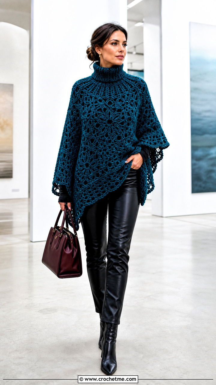 Turtleneck Crochet Poncho With Leather Pants - 35 crochet ponchos outfit ideas
