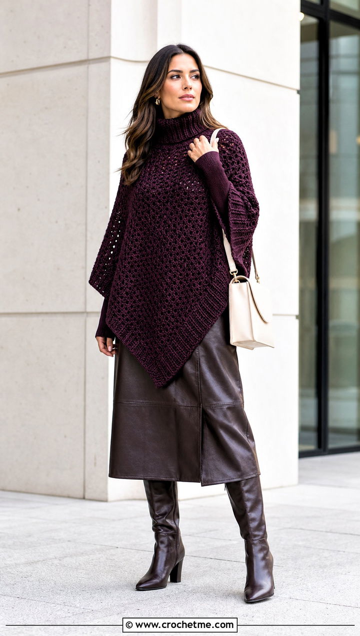 Turtleneck Crochet Poncho With Leather Skirt - 15 Crochet Shawls And Ponchos outfit ideas