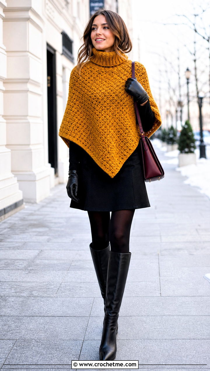 Turtleneck Crochet Poncho With Mini Skirt And Boots - 20 crochet poncho for women outfit ideas