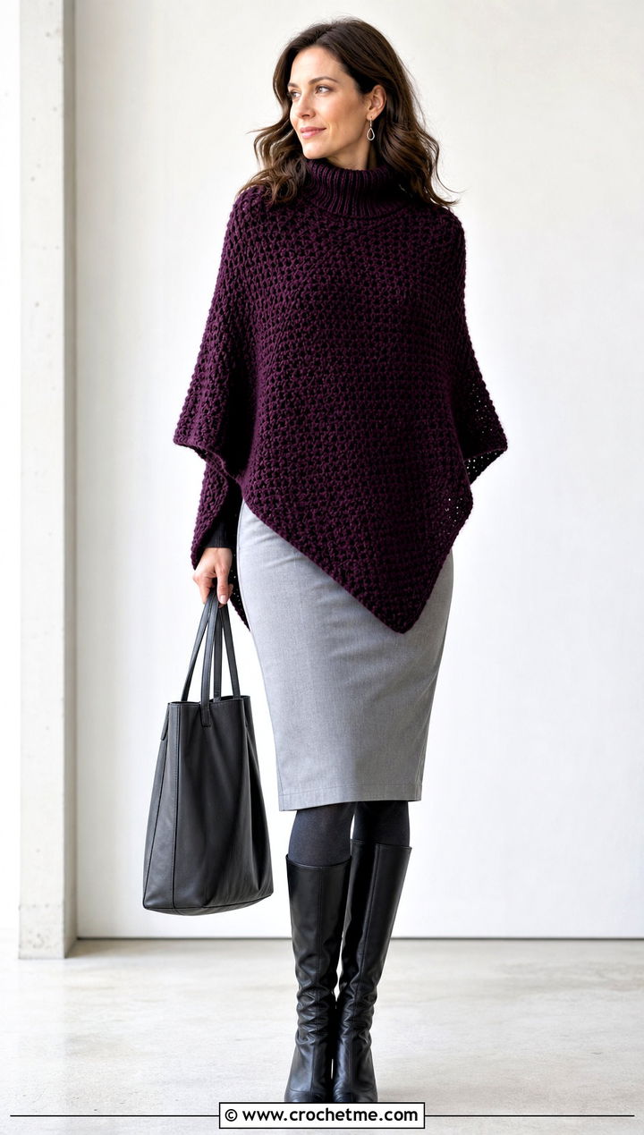 Turtleneck Crochet Poncho With Pencil Skirt - 15 Crochet For Ponchos For Women outfit ideas