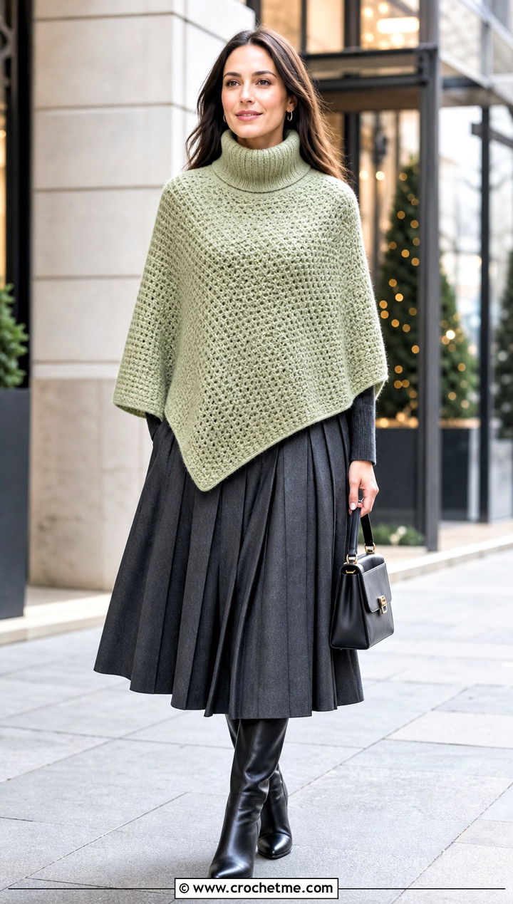 Turtleneck Crochet Poncho With Pleated Midi Skirt - 25 ladies crochet poncho outfit ideas