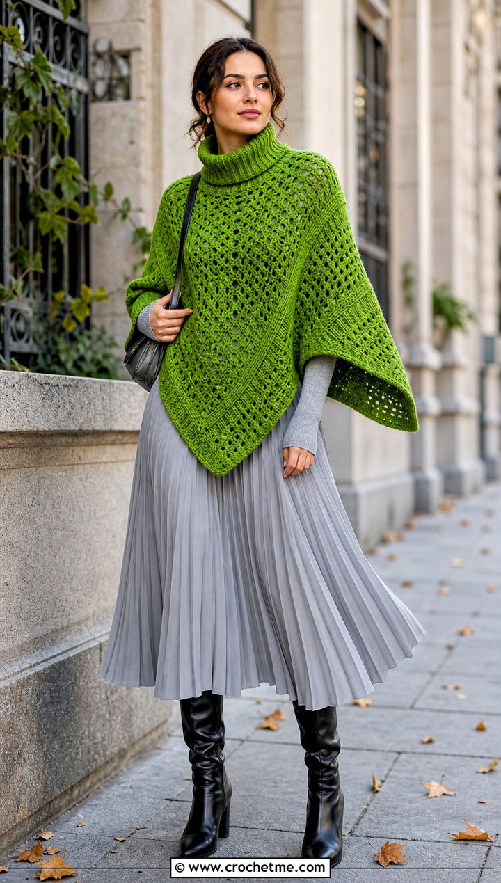 Turtleneck Crochet Poncho With Pleated Midi Skirt - 15 Quick Crochet Poncho outfit ideas