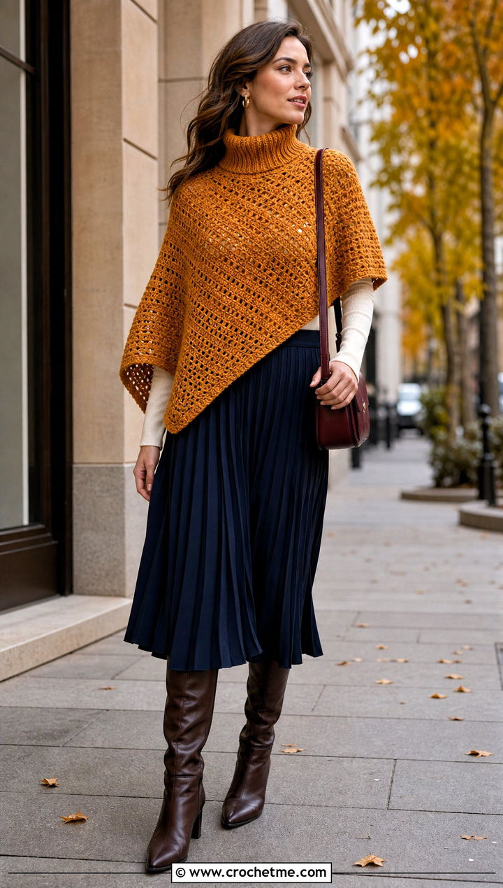 Turtleneck Crochet Poncho With Pleated Midi Skirt - 25 Easy Simple Crochet Poncho outfit ideas