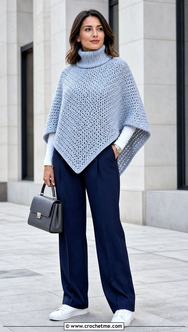Turtleneck Crochet Poncho With Pleated Trousers - 15 Crochet Womens Poncho outfit ideas