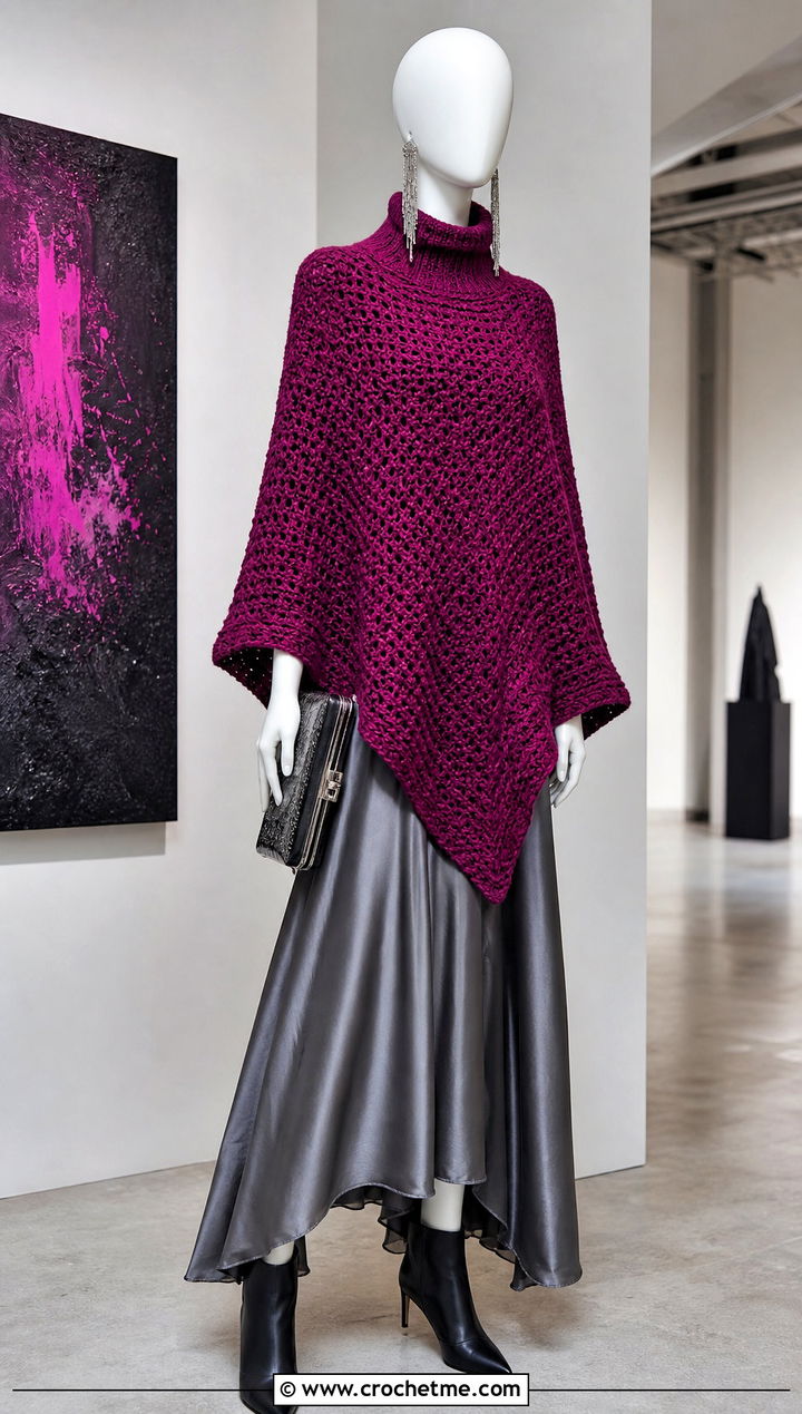 Turtleneck Crochet Poncho With Satin Maxi Skirt - 15 crochet poncho on mannequin outfit ideas
