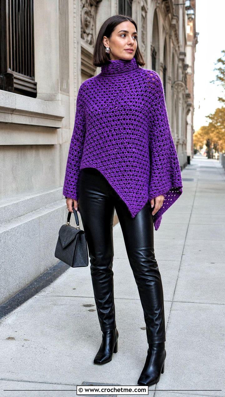 Turtleneck Crochet Poncho With Sleeves And Leather Pants - 30 crochet poncho with sleeves outfit ideas