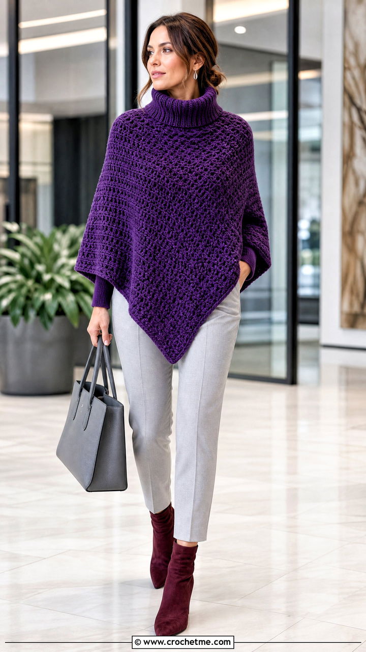 Turtleneck Crochet Poncho With Tailored Cigarette Pants - 35 crochet poncho woman outfit ideas
