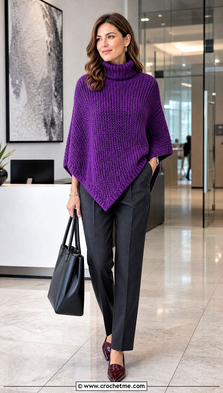 Turtleneck Crochet Poncho With Tailored Trousers - 15 diy crochet poncho outfit ideas