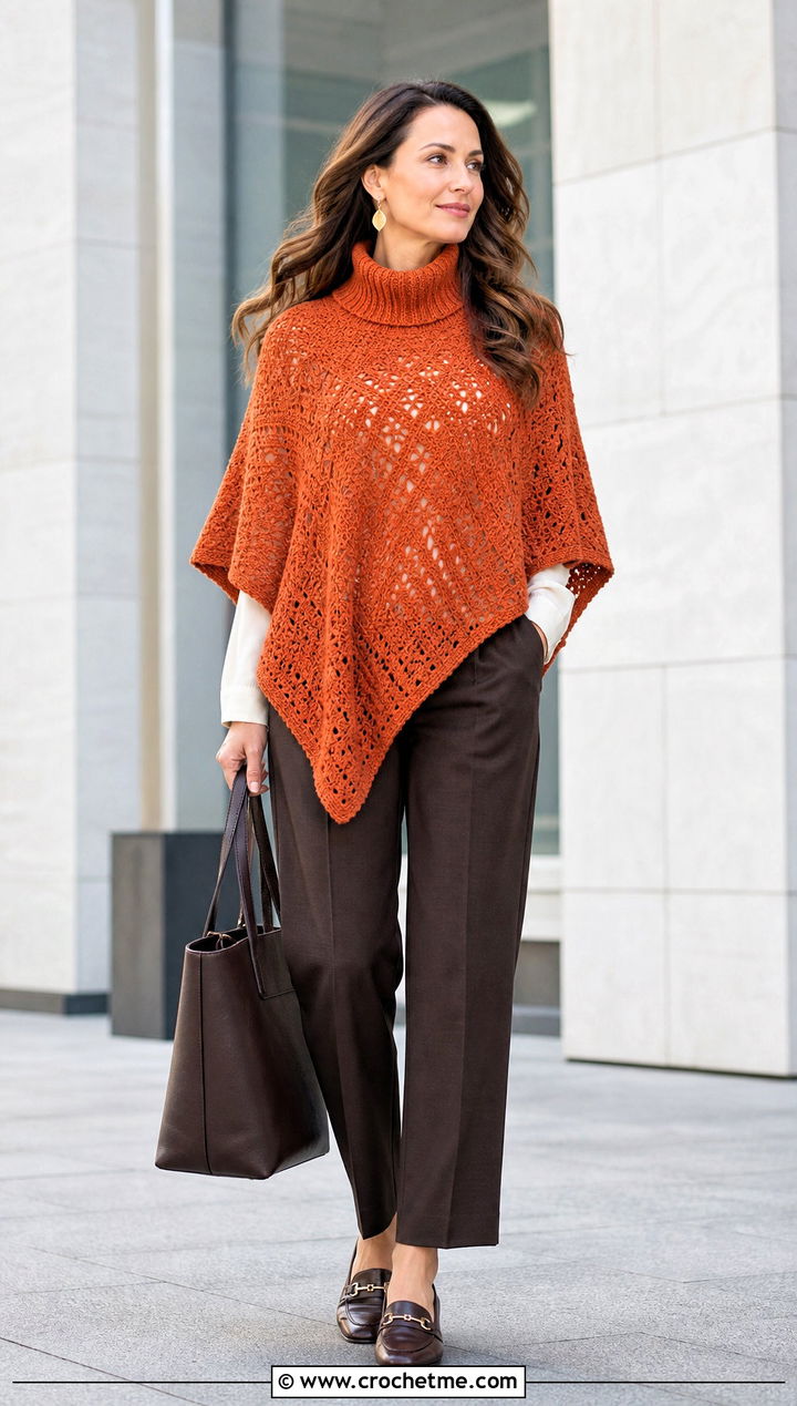 Turtleneck Crochet Poncho With Tailored Trousers - 20 Crochet Fall Poncho outfit ideas
