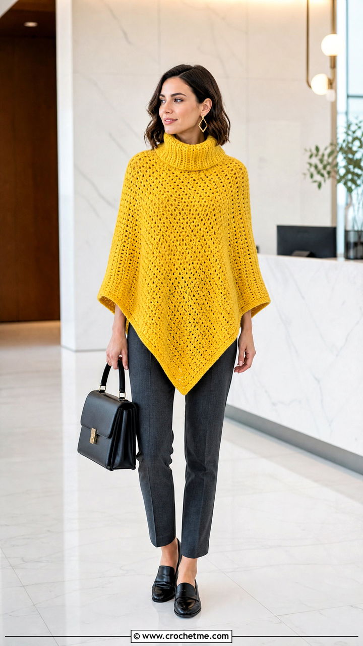 Turtleneck Crochet Poncho With Tailored Trousers - 35 easy crochet poncho woman outfit ideas