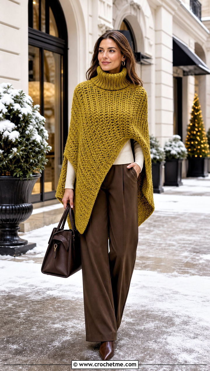Turtleneck Crochet Poncho With Wide Leg Pants - 20 Easy Crochet Poncho For Beginners outfit ideas