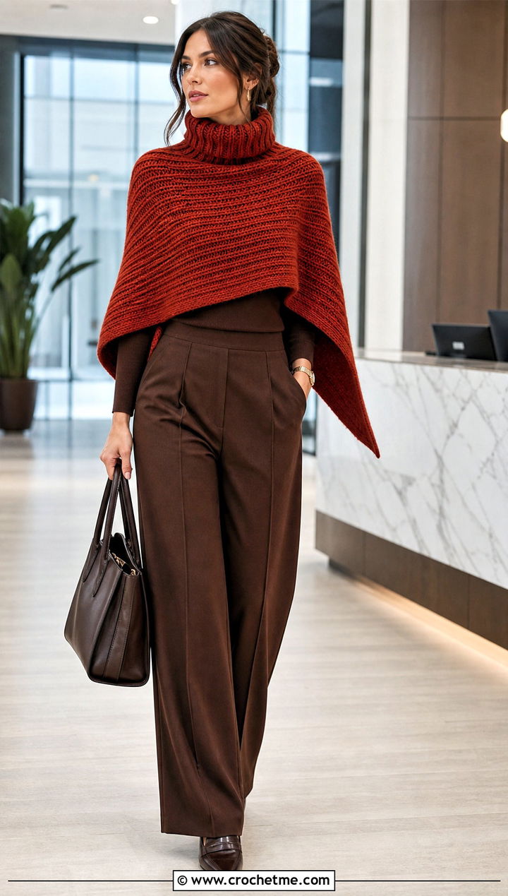 Turtleneck Crochet Poncho With Wide Leg Trousers - 15 Easy Crochet Ponchos outfit ideas