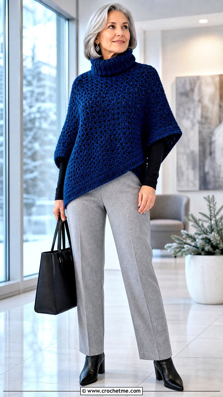 Turtleneck Crochet Poncho With Wool Trousers - 35 easy crochet poncho outfit ideas
