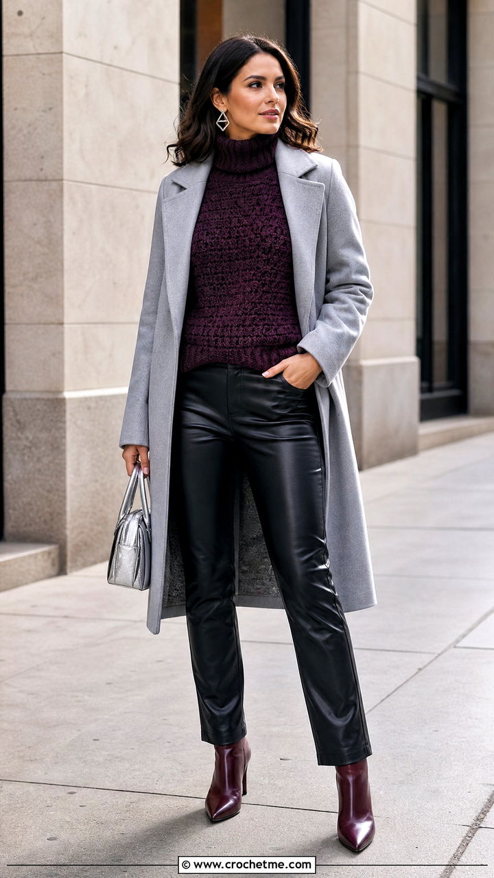 Turtleneck Crochet Pullover With Leather Pants - 35 crochet pullover outfit ideas