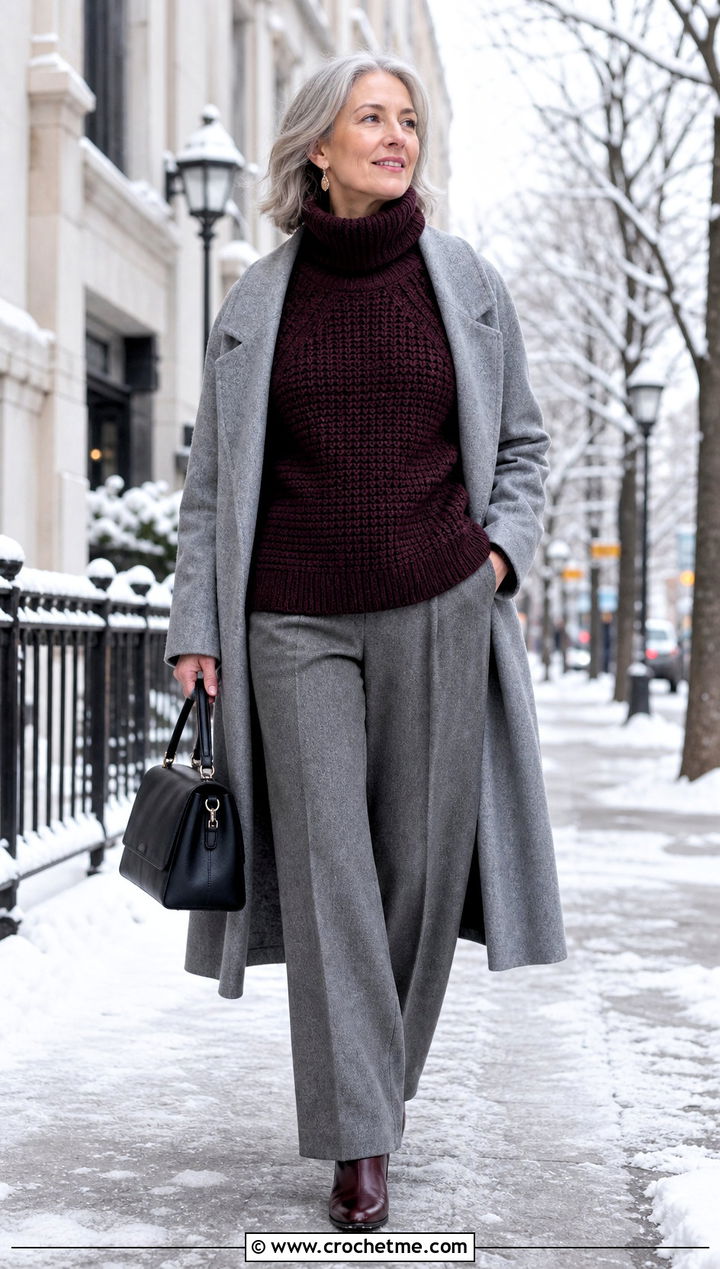 Turtleneck Crochet Raglan Sweater With Wool Trousers - 35 crochet raglan sweater outfit ideas