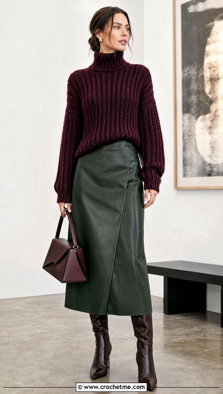 Turtleneck Crochet Ribbed Sweater With Leather Midi Skirt - 35 crochet ribbed sweater outfit ideas